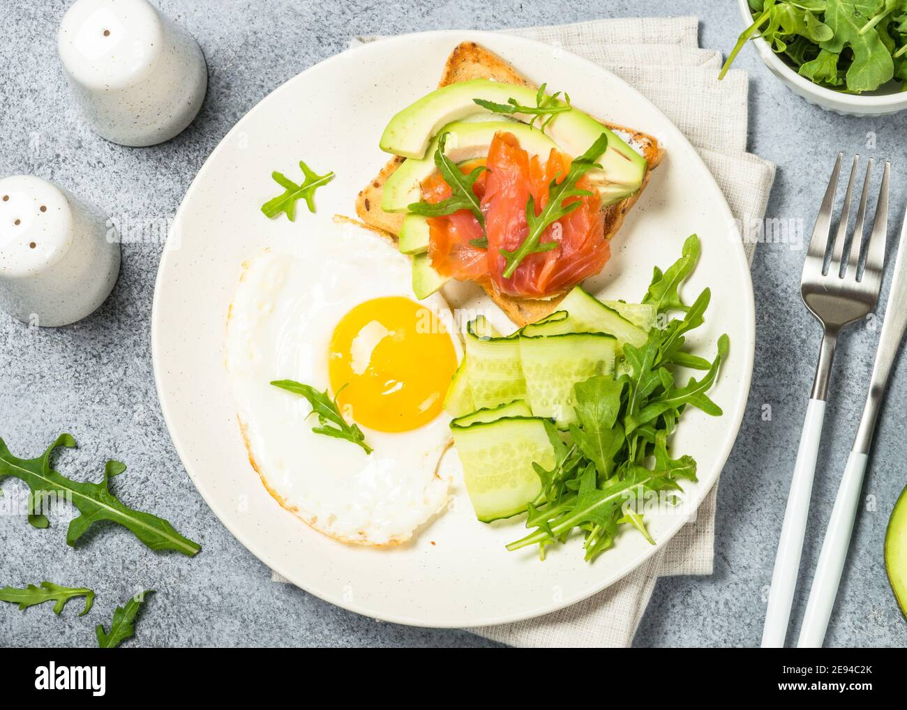 Healthy breakfast with egg, toast and salad Stock Photo - Alamy