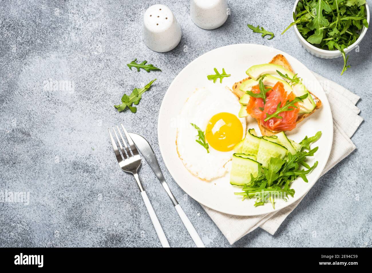 Healthy breakfast with egg, toast and salad Stock Photo - Alamy