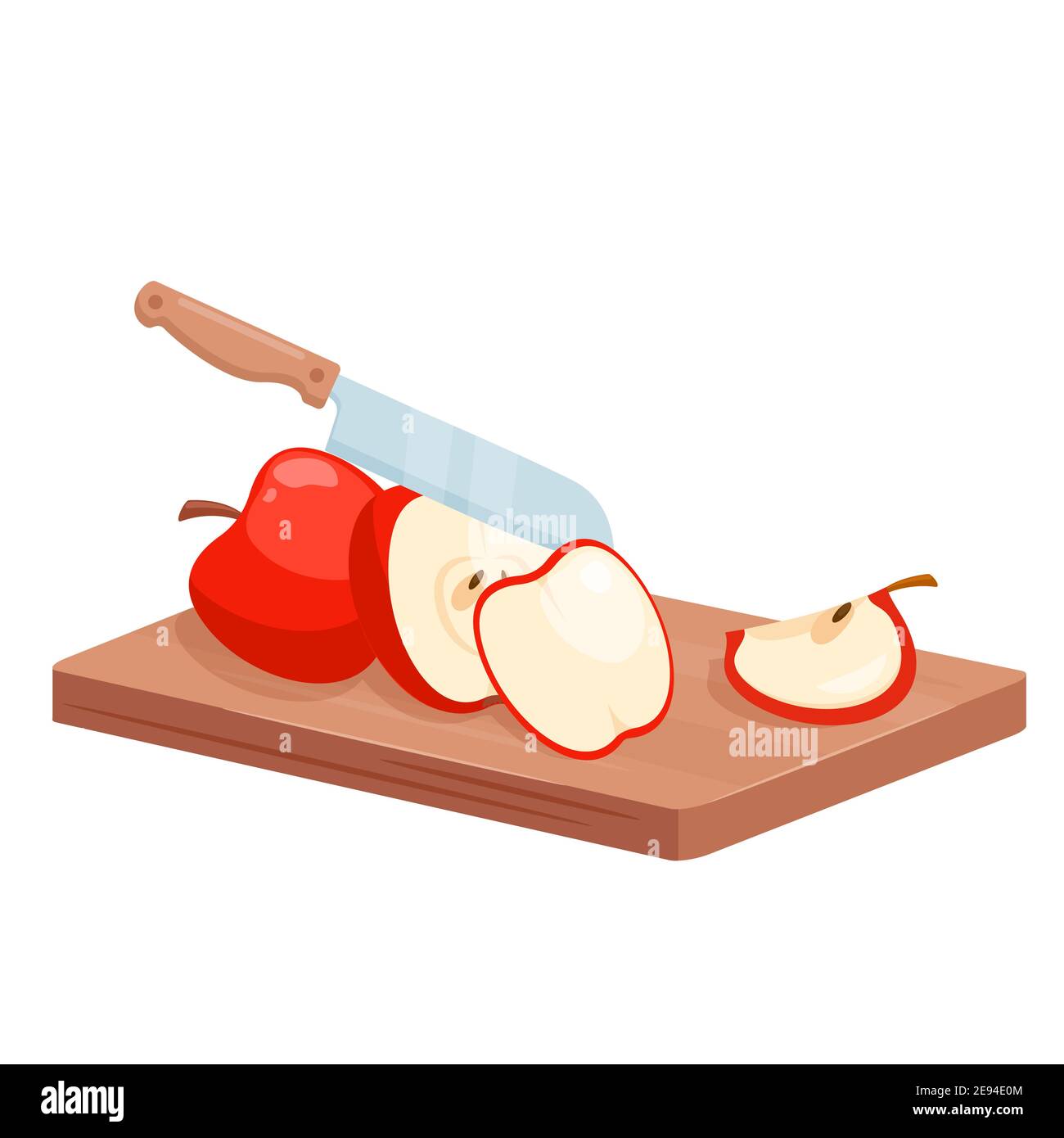 Cut apple into pieces, isometric cutting wooden board with fresh apple slices in kitchen Stock Vector