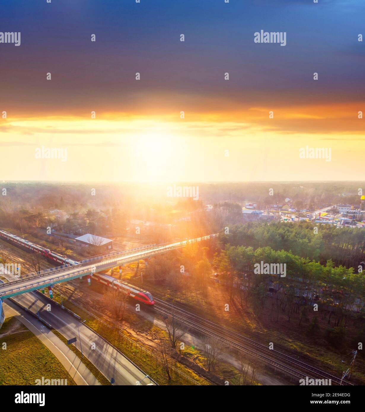 top view of a moving train during sunset Stock Photo