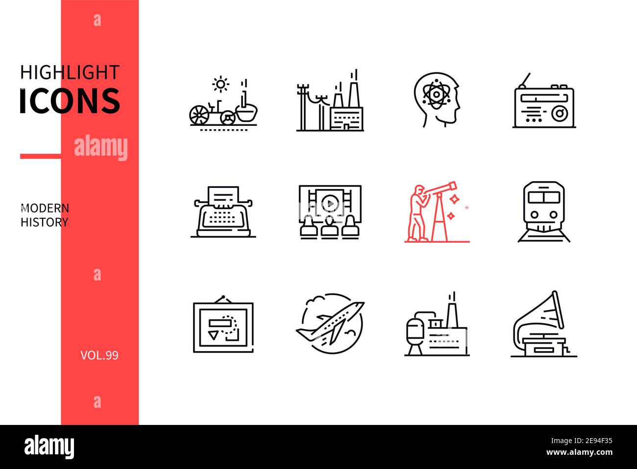 Modern history line design style icons set. Scientific discoveries, , technology and culture