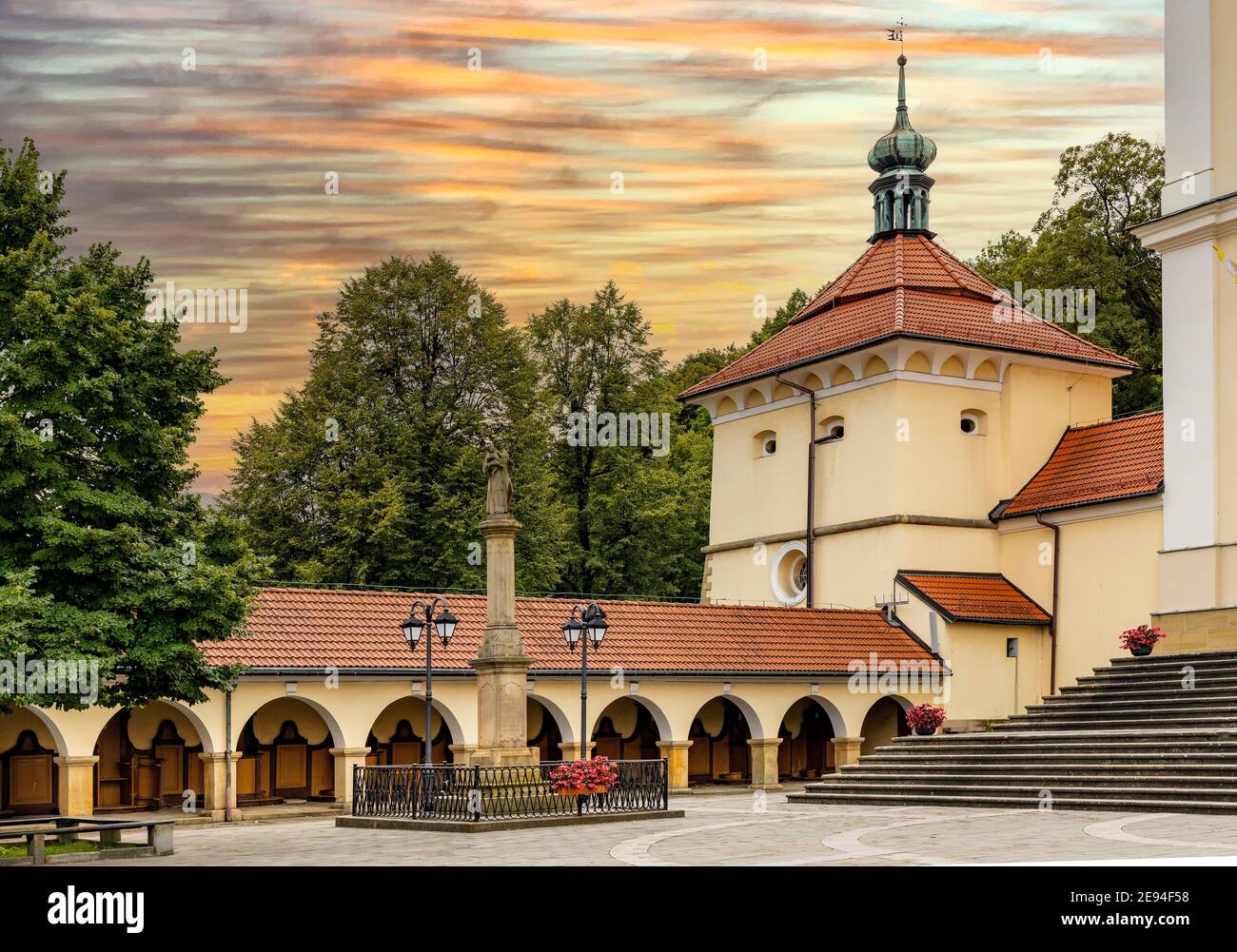 Kalwaria Zebrzydowska, Poland - August 27, 2020: Calvary pilgrimage Mannerist complex of Bernardine Order monastery and St. Mary Basilica Stock Photo