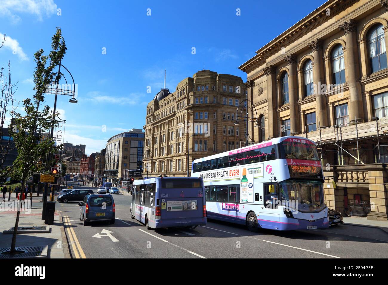 BRADFORD, UK - JULY 11, 2016: People ride First Bradford double decker bus. FirstGroup employs 124,000 people. Stock Photo
