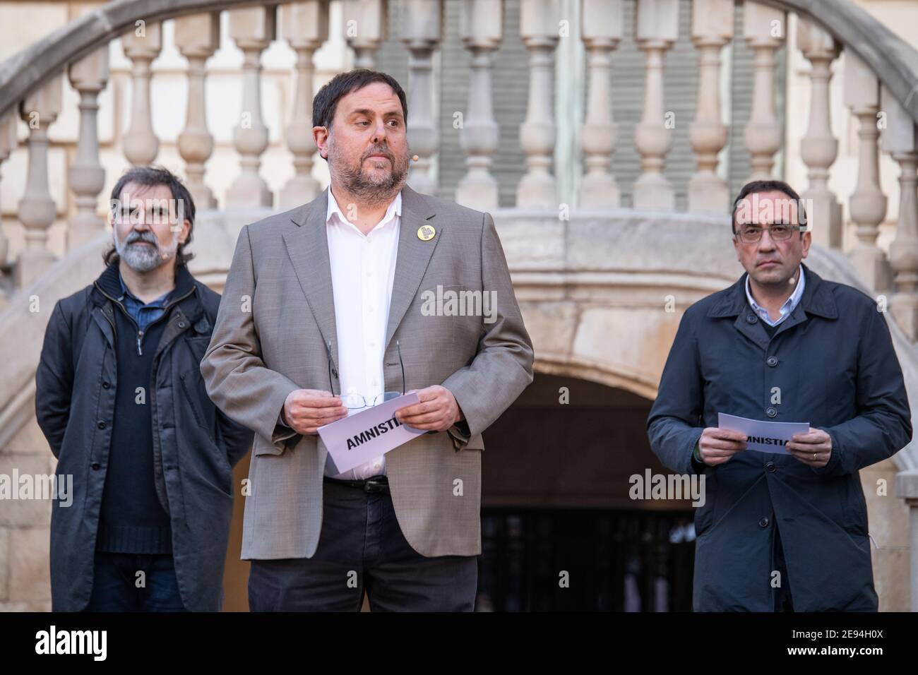 Barcelona, Spain. 2021.02.01. Unitary act of the Catalan political prisoners in the Palau Robert organized by Òmnium Cultural. Stock Photo
