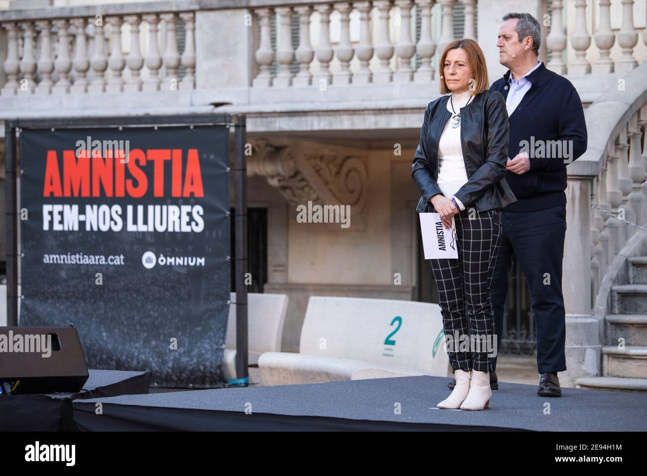 Barcelona, Spain. 2021.02.01. Unitary act of the Catalan political prisoners in the Palau Robert organized by Òmnium Cultural. Stock Photo