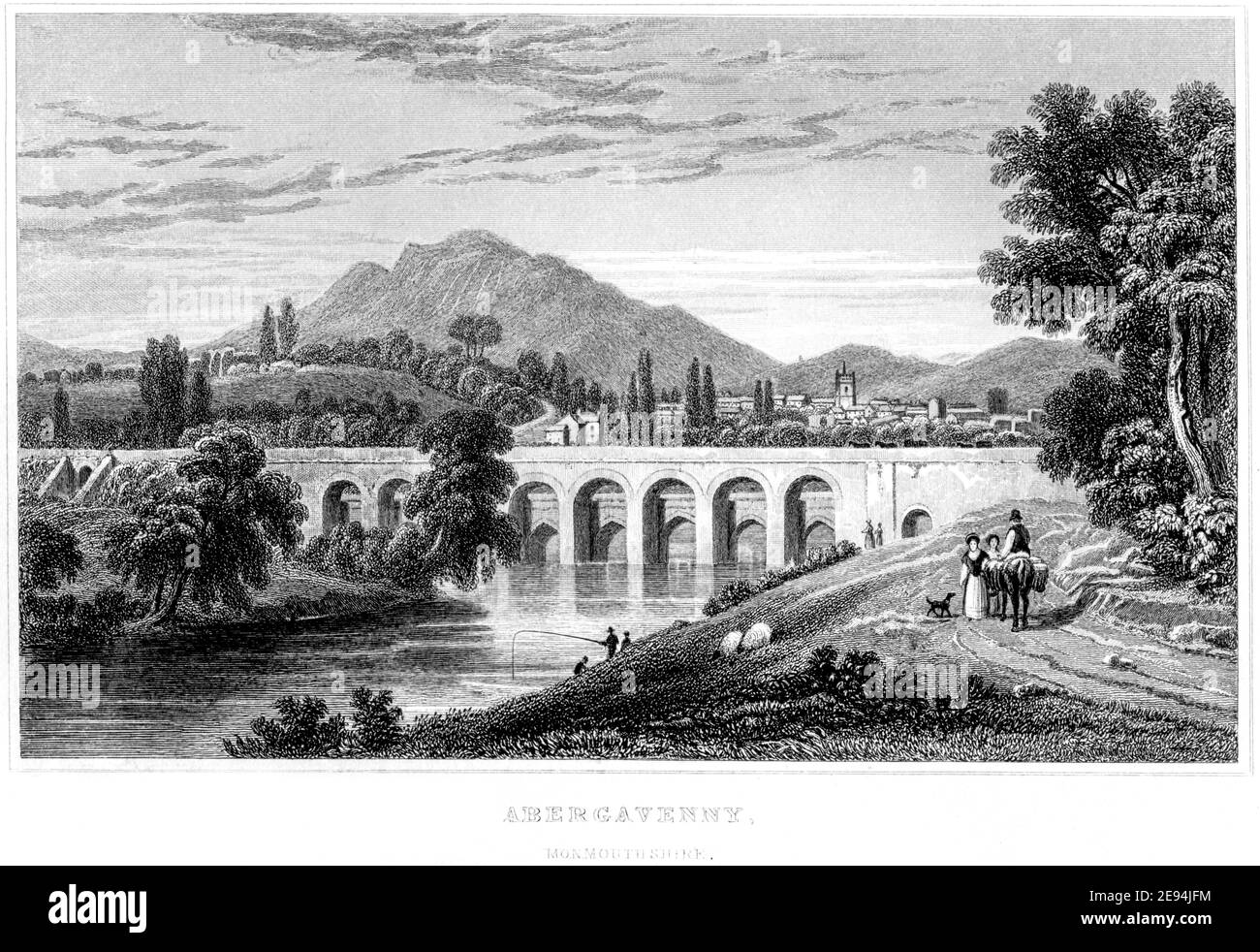 An engraving of Abergavenny, Monmouthshire scanned at high resolution from a book published in 1854. Believed copyright free. Stock Photo