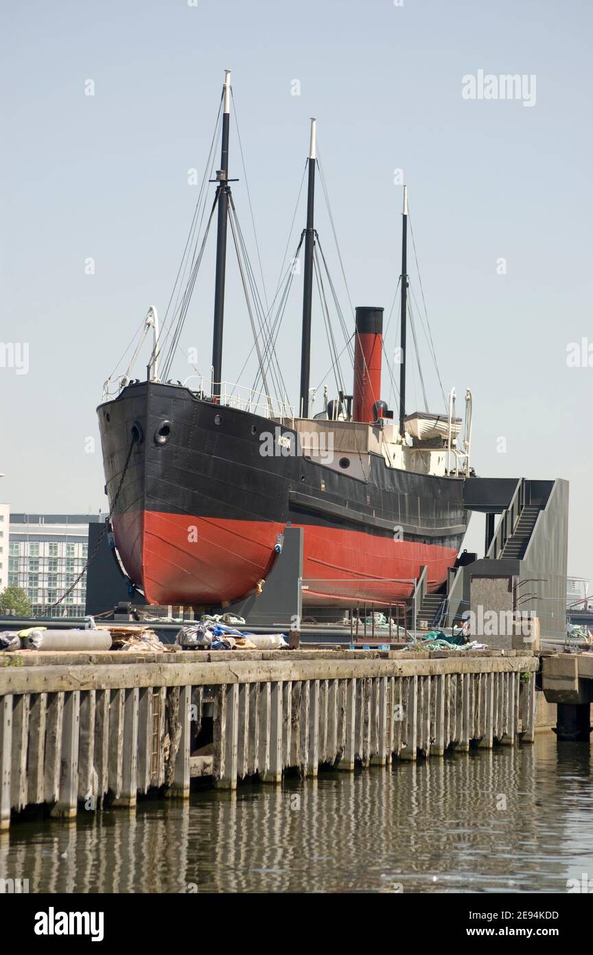 The world's oldest complete steamship, the SS Robin. Built in 1890, she is now being restored in London's Royal Victoria Dock. Historic monument viewe Stock Photo