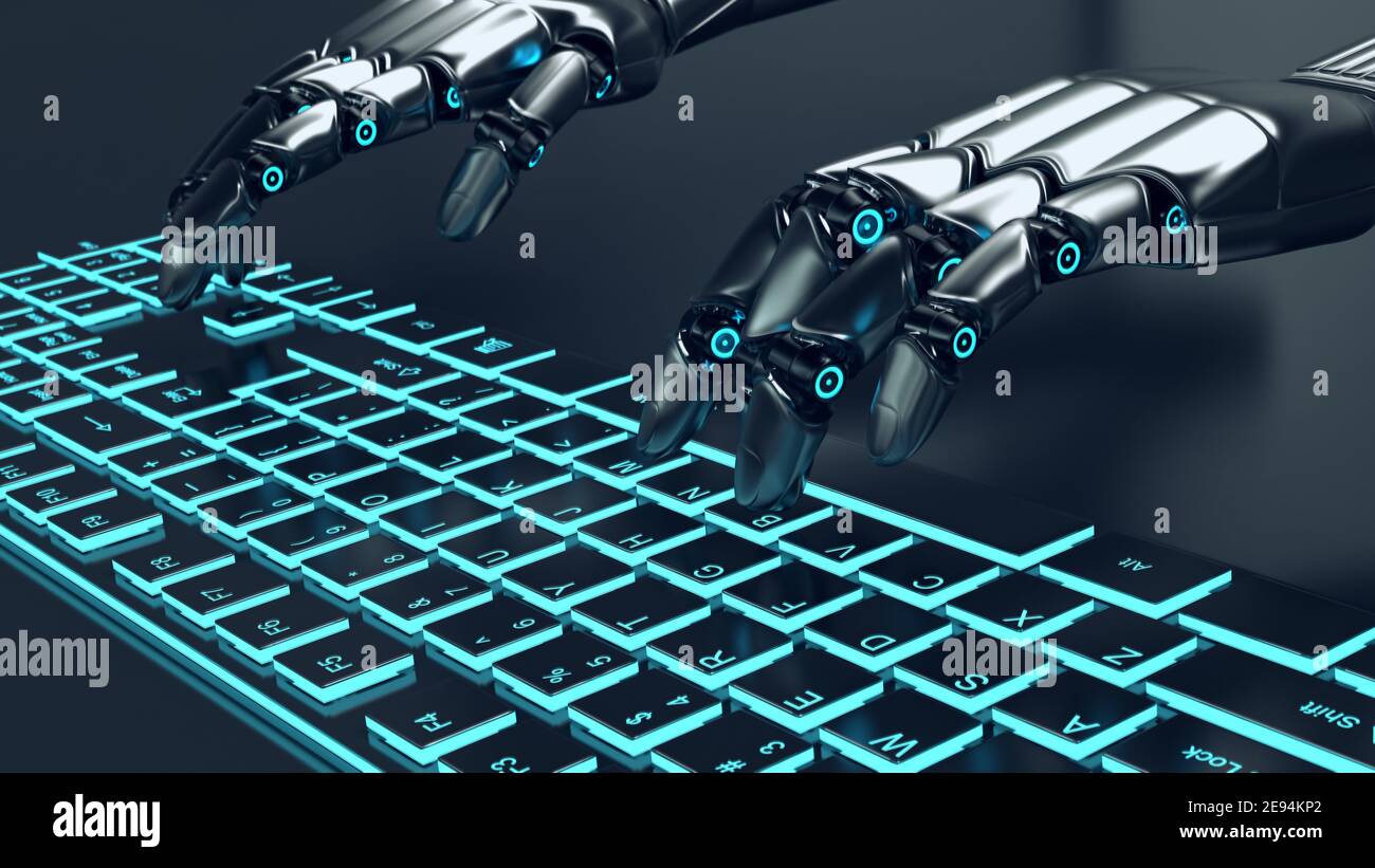 Futuristic metal grey robot typing on an illuminated keyboard Stock ...