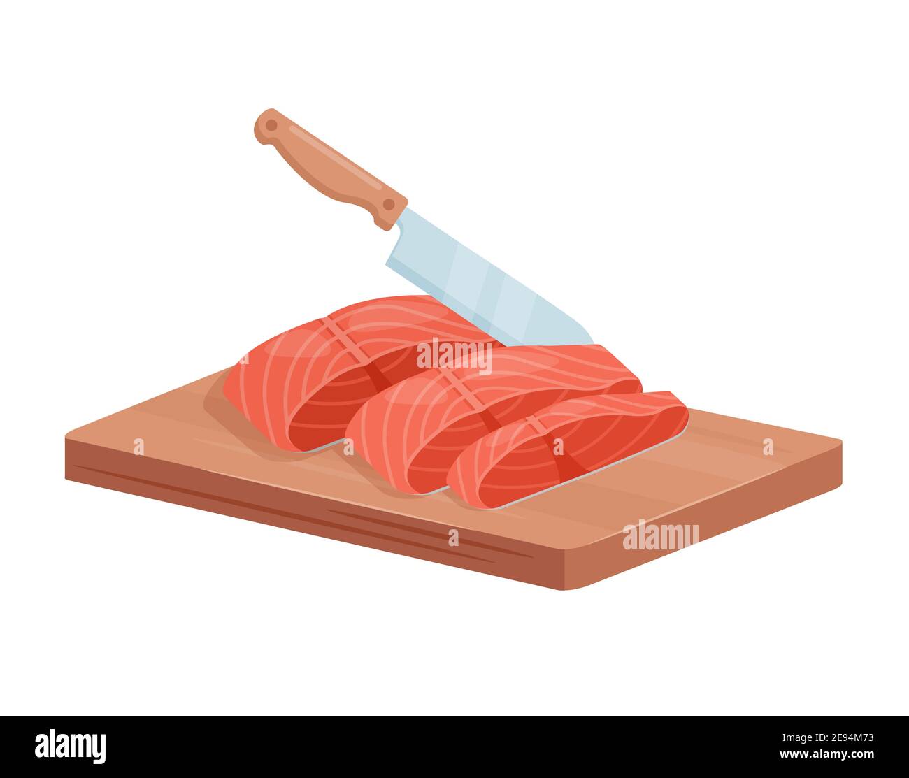 Cut salmon trout fish steaks with chef knife, 3d raw salted or smoked seafood fillet Stock Vector