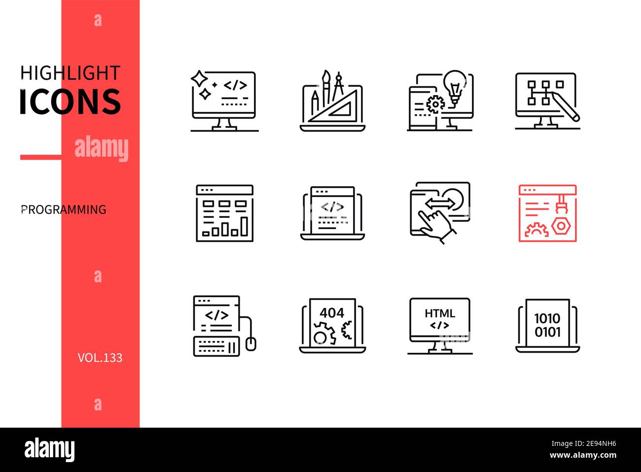 Programming modern line design style icons set coding and website