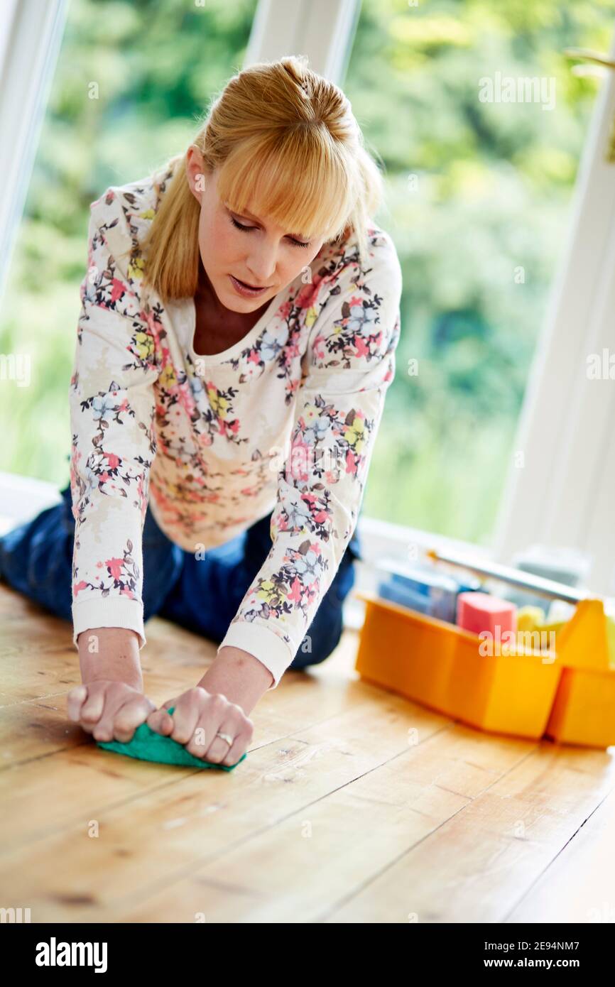 Middle aged woman cleaning Stock Photo