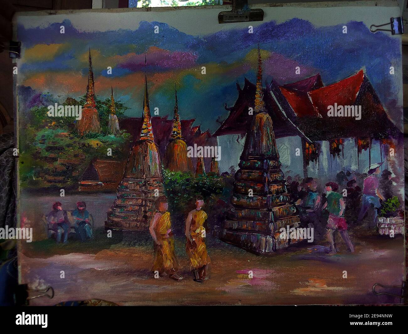oil ,painting ,The shadow ,of the temple ,from Thailand , Chedis at Wat Pho Temple Stock Photo