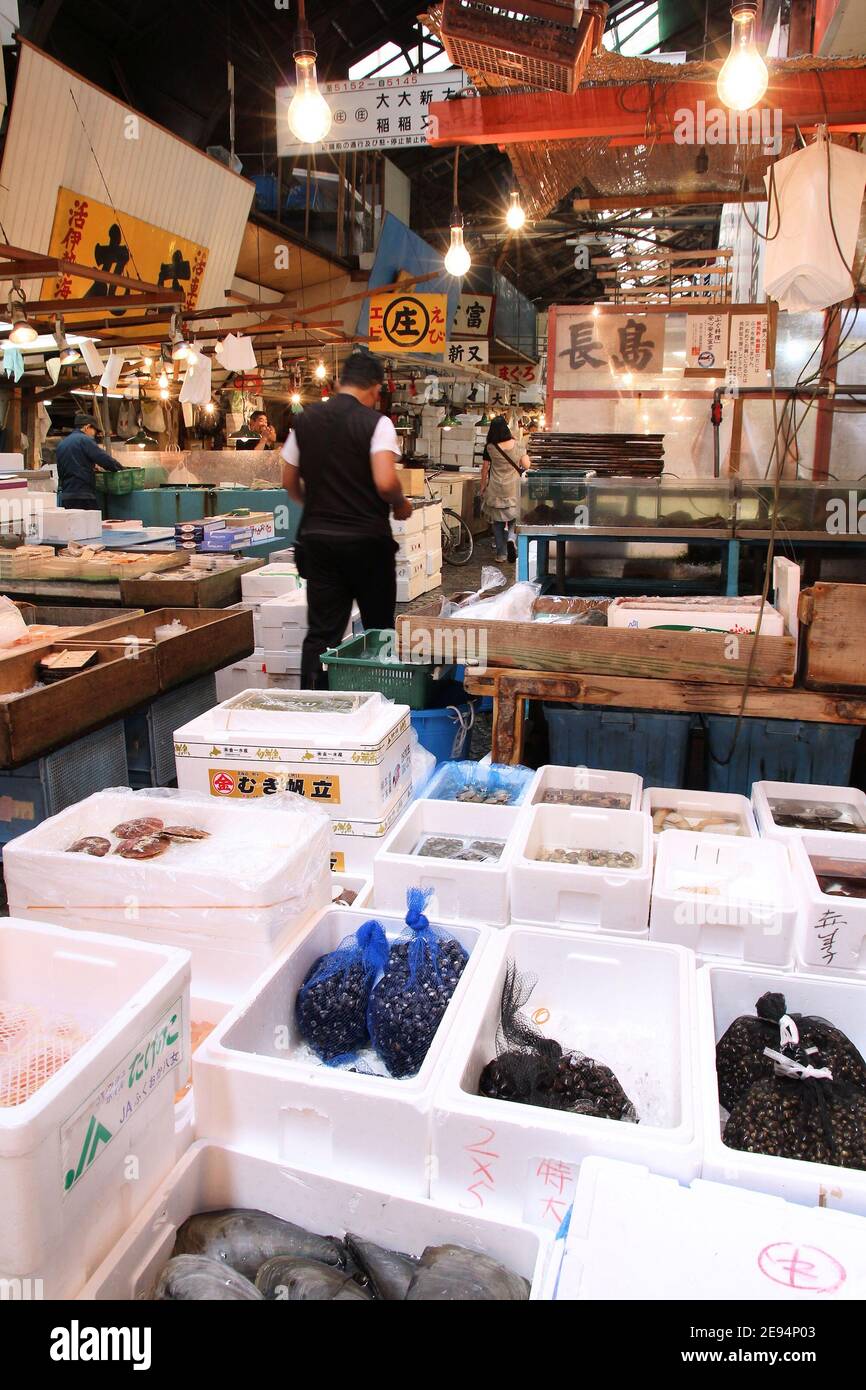 TOKYO, JAPAN MAY 11, 2012 Merchants sell seafood at Tsukiji Fish Market in Tokyo. It is the