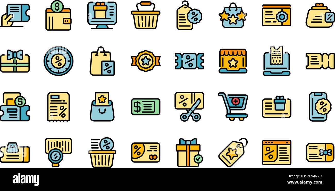 Online voucher icons set. Outline set of online voucher vector icons thin line color flat on white Stock Vector
