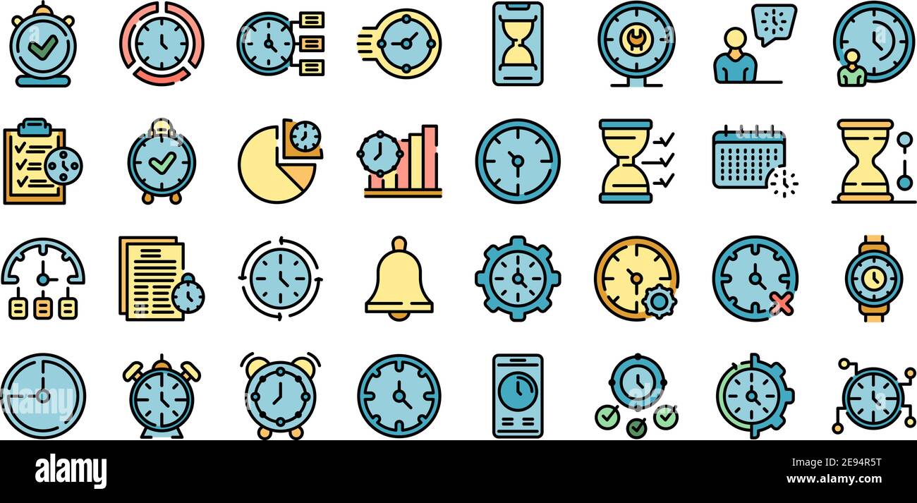 Time management icons set. Outline set of time management vector icons ...