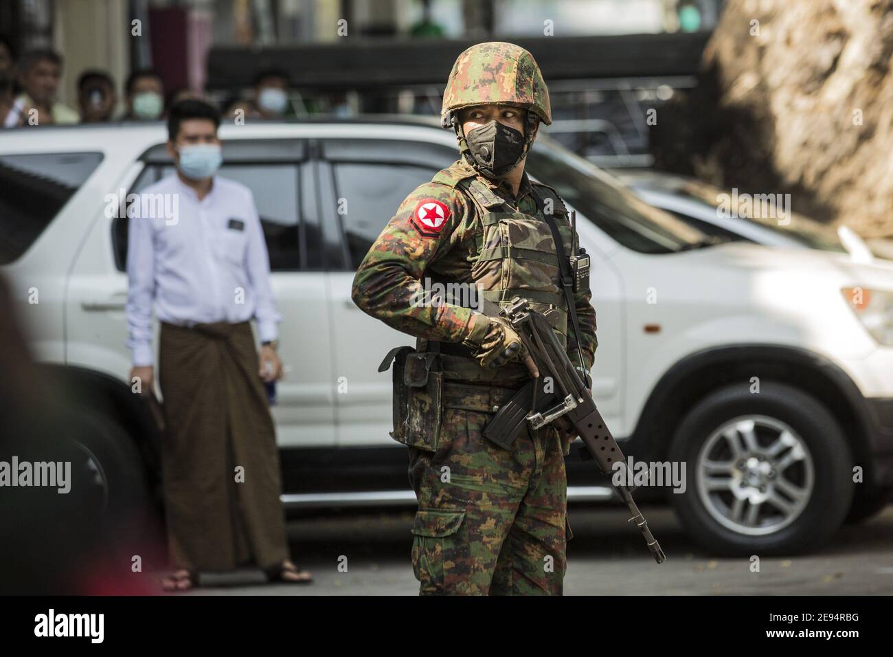 Yangon, Myanmar. 02nd Feb, 2021. Soldiers stand guard in City Center in Yangon After a Military Coup in Myanmar, on Tuesday, February 2, 2021. The military has detained civilian leader Aung San Suu Kyi. Photo by Xiao Long/UPI Credit: UPI/Alamy Live News Stock Photo