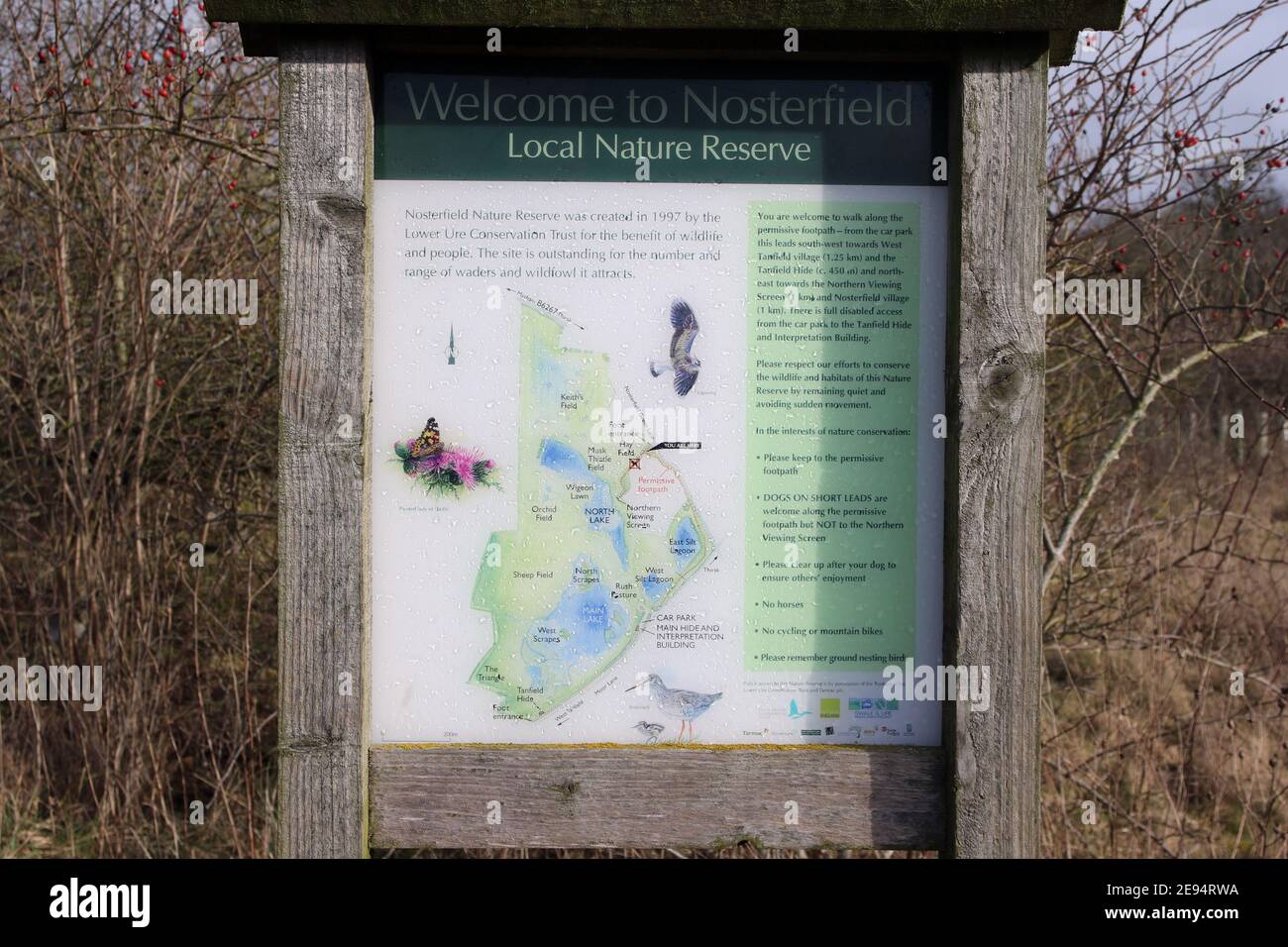 Notice board showing information and map of Nosterfield nature reserve, owned and managed by the Lower Ure Conservation Trust. North Yorkshire, UK Stock Photo