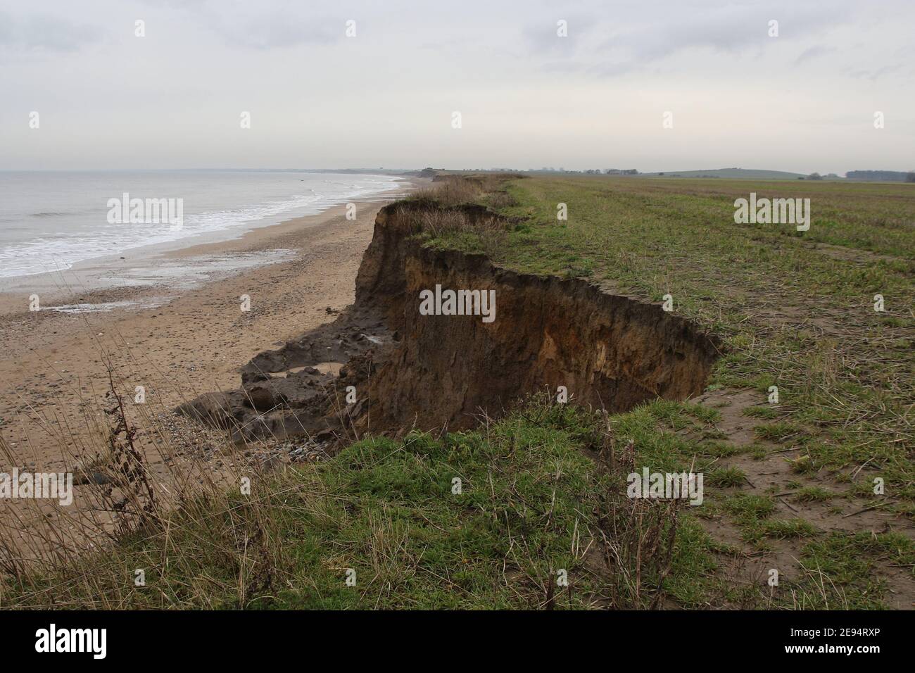 Coastal erosion on the Holderness coast, Yorkshire, UK. The impact of waves on the soft boulder clay make this the fastest eroding coast in Europe. Stock Photo