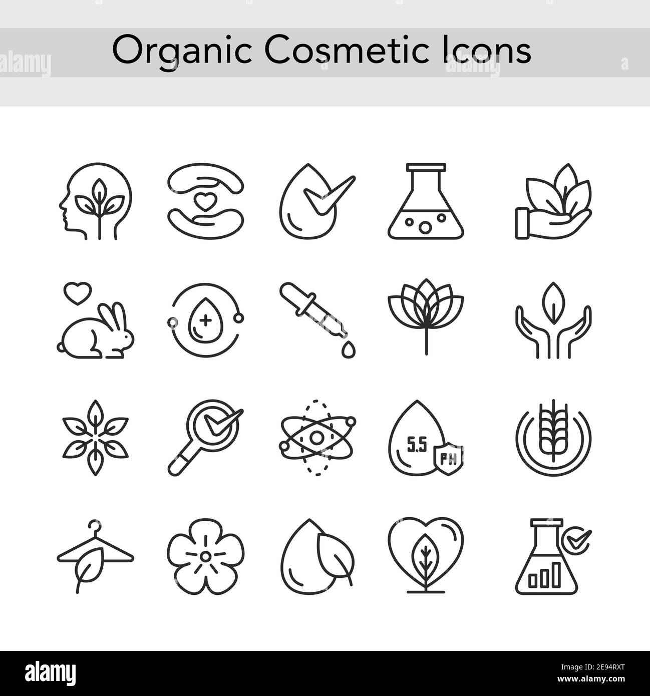 Organic eco beauty cosmetics thin black line icons, outline logo cosmetology collection Stock Vector
