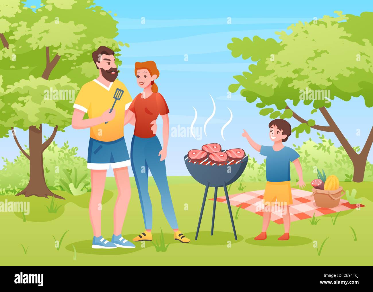 Family outdoors barbecue picnic in summer park, happy mother and father grilling meat Stock Vector