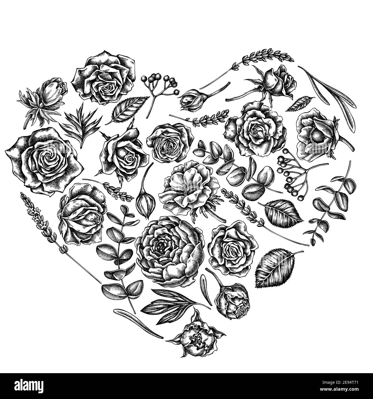 Heart floral design with black and white roses, anemone, eucalyptus, lavender, peony, viburnum Stock Vector