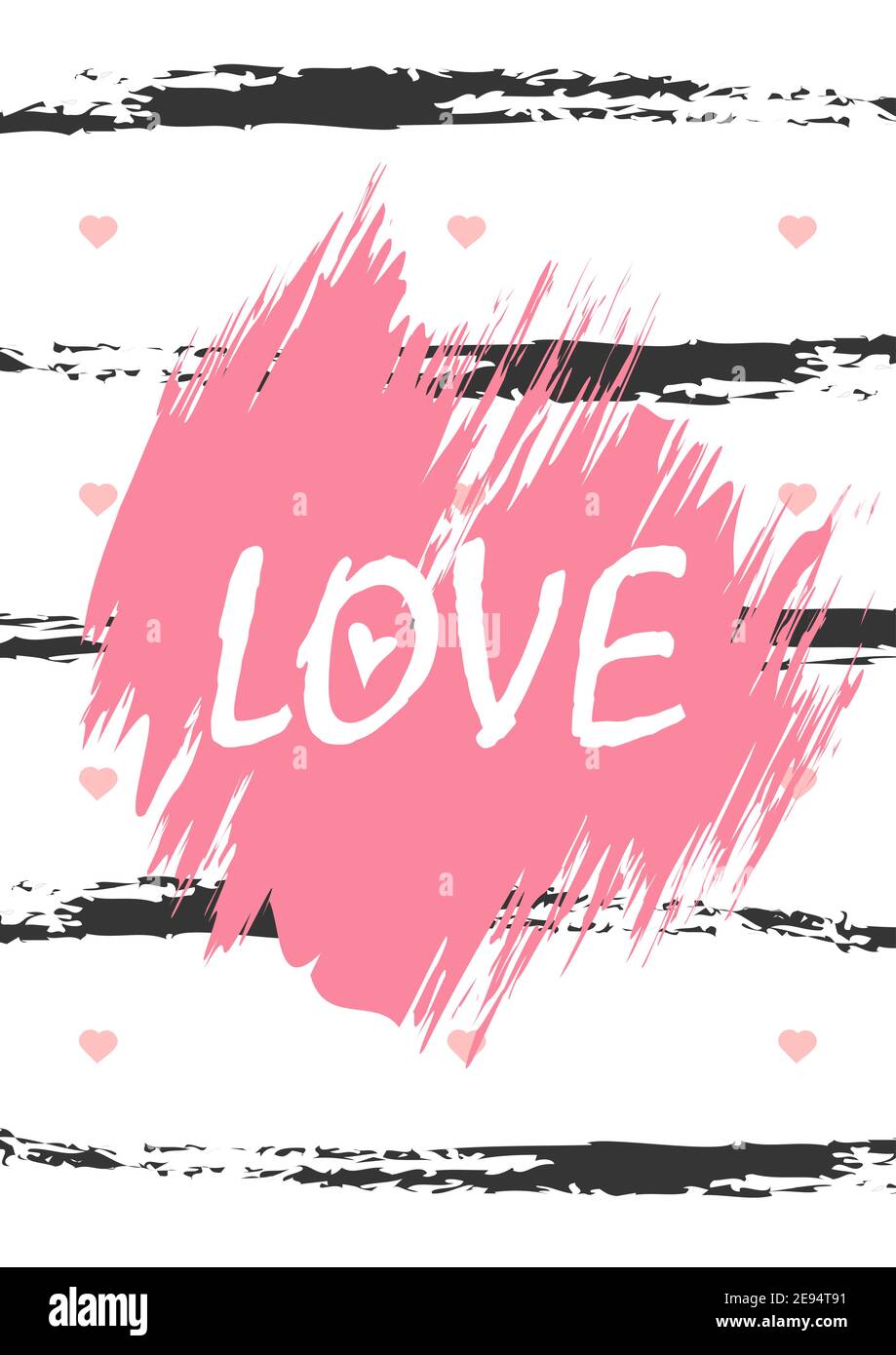 Love word, vertical greeting card, love lettering with pink hearts, black brush strokes Stock Vector