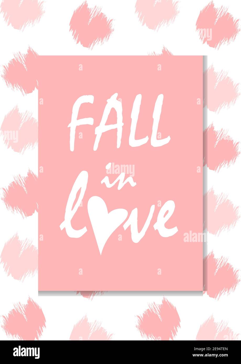 Fall in love lettering, pink valentines day concept for lovers with heart, brush strokes Stock Vector