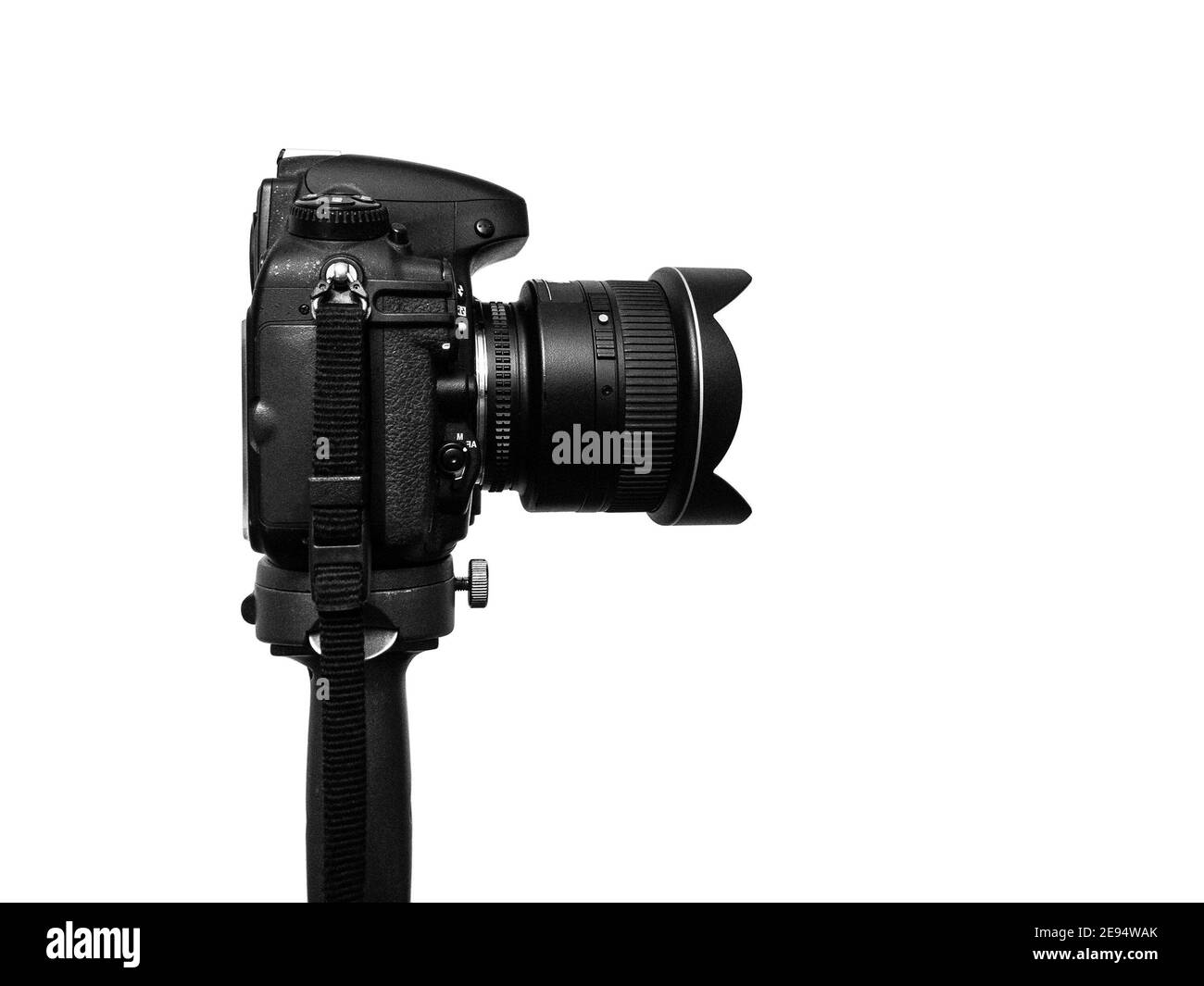 DSLR photo camera + wide angle lens standing on heavy tripod against the 255 white Stock Photo