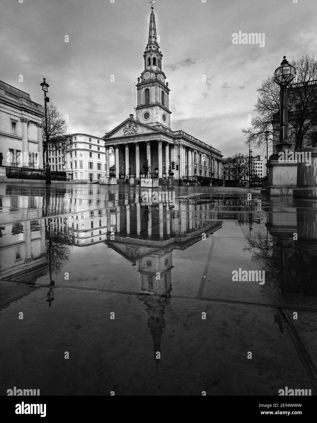 St. Martin-in-the-Fields in London reflecting after the rain. Stock Photo