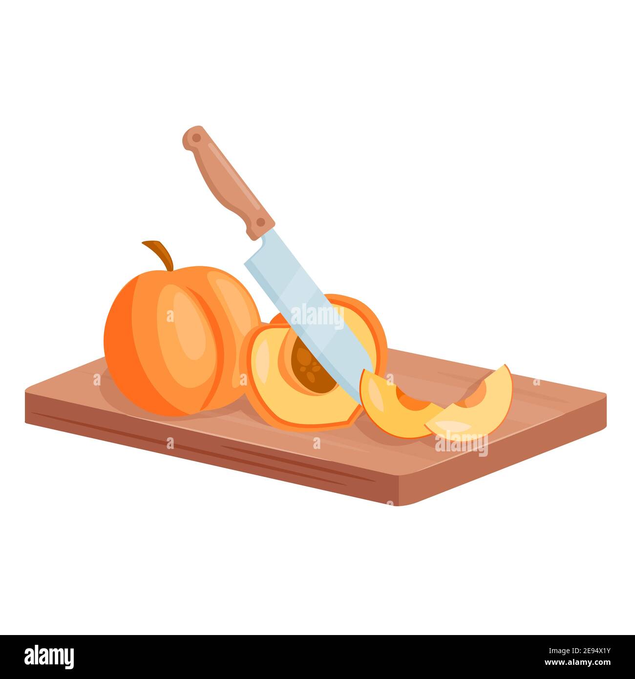 Cut peach fruits, isometric ripe juicy peach chopped slices lie on cutting board plank Stock Vector