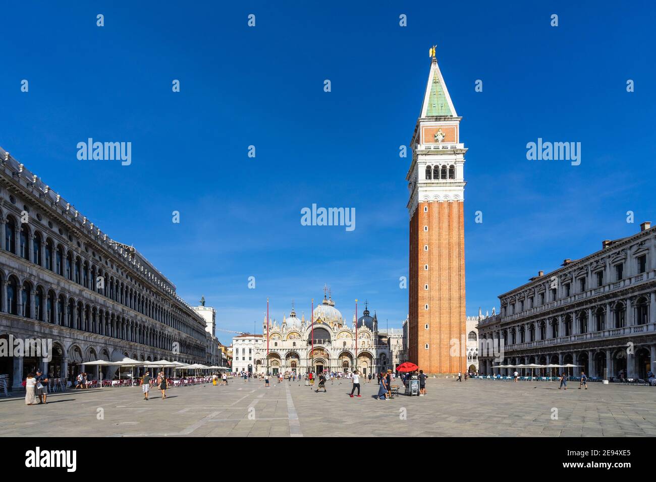 Venice, Italy, Sept. 11, 2020 – Wide view of St. Mark's Square and bell tower St Mark's Basilica Stock Photo