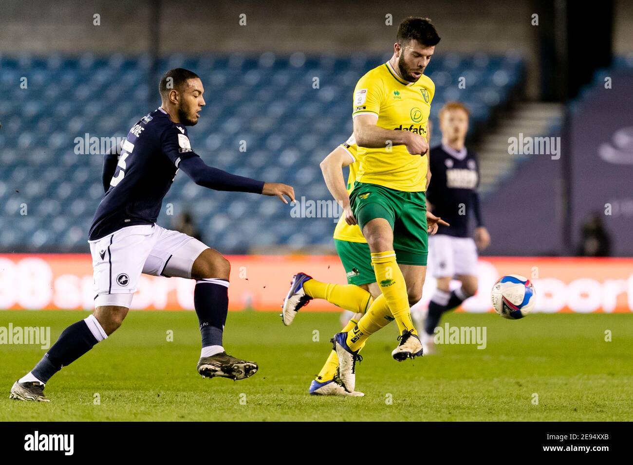 LONDON, ENGLAND. FEB 2ND: Grant Hanley of Norwich passes the ball during the Sky Bet Championship match between Millwall and Norwich City at The Den, London on Tuesday 2nd February 2021. (Credit: Juan Gasparini | MI News) Credit: MI News & Sport /Alamy Live News Stock Photo