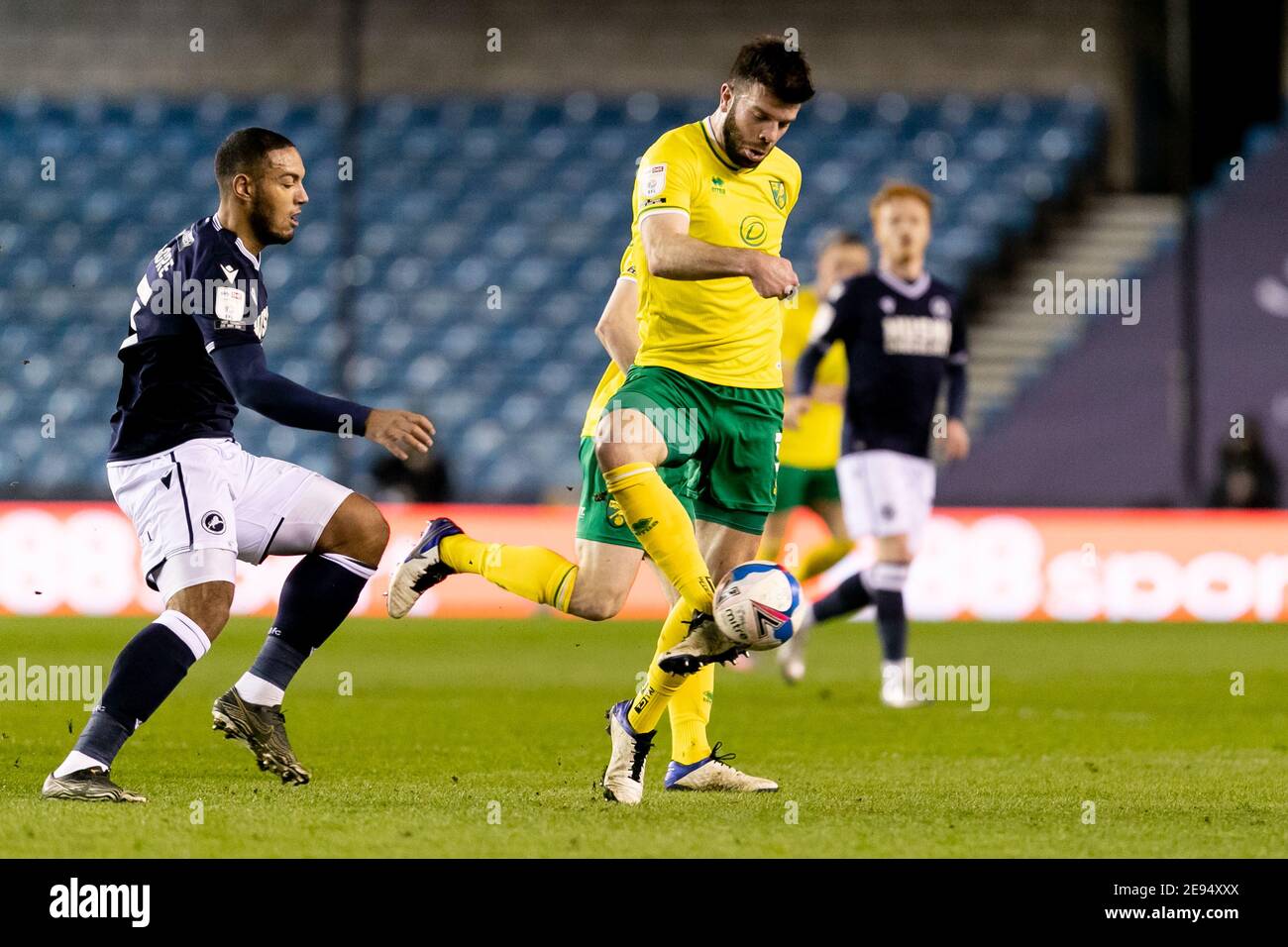 LONDON, ENGLAND. FEB 2ND: Grant Hanley of Norwich and Jake Cooper of Millwall battle for the ball during the Sky Bet Championship match between Millwall and Norwich City at The Den, London on Tuesday 2nd February 2021. (Credit: Juan Gasparini | MI News) Credit: MI News & Sport /Alamy Live News Stock Photo