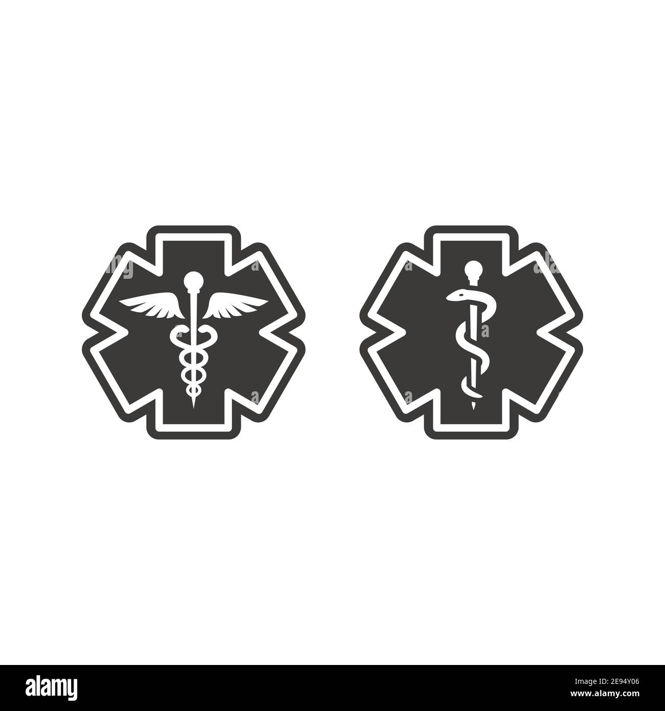 First aid, medical emergency vector symbol. Rod of asclepius or aesculapius and Caduceus with snake, ems icon. Stock Vector