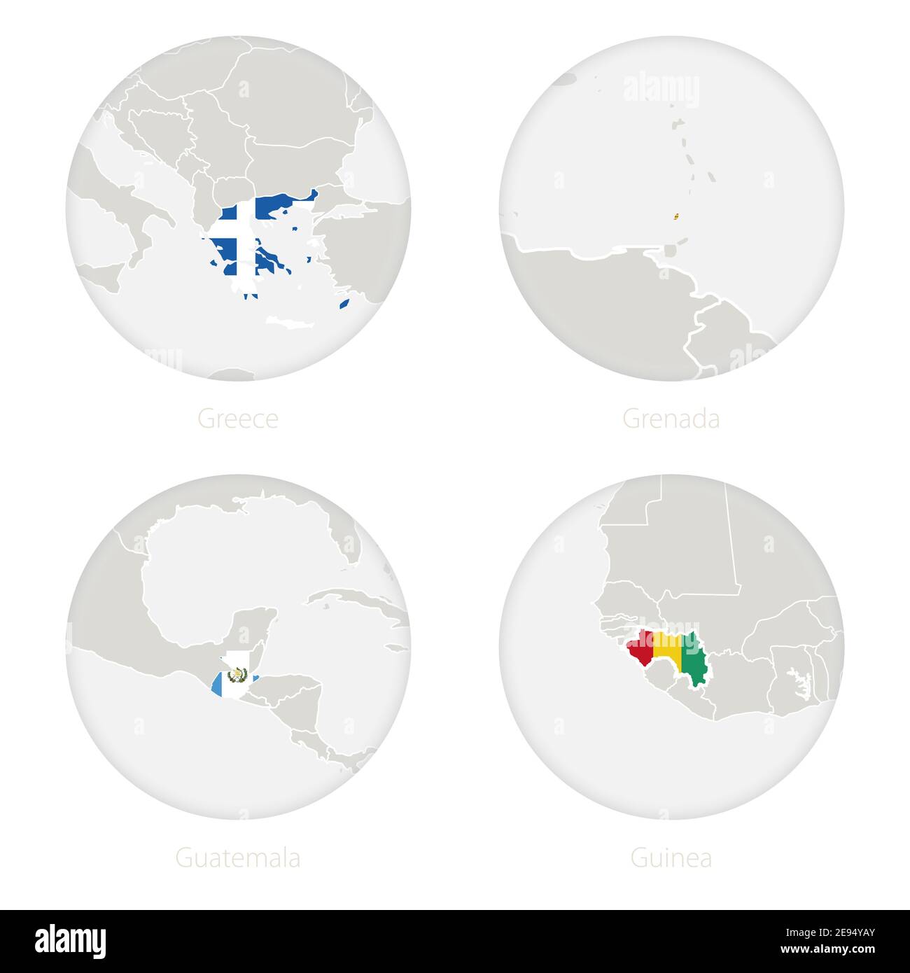 Greece, Grenada, Guatemala, Guinea map contour and national flag in a circle. Vector Illustration. Stock Vector
