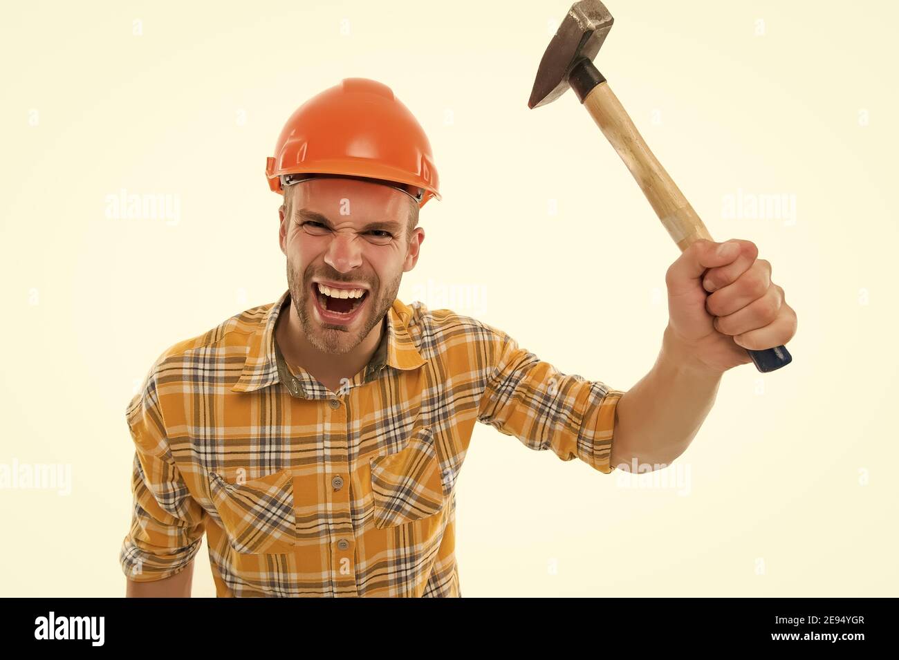 Man shouting. Man builder hard hat. Threaten with hammer. Angry aggressive  guy. Improvement and renovation. Man builder or inspector. Engineer  architect builder. Bully foreman. Control and management Stock Photo - Alamy