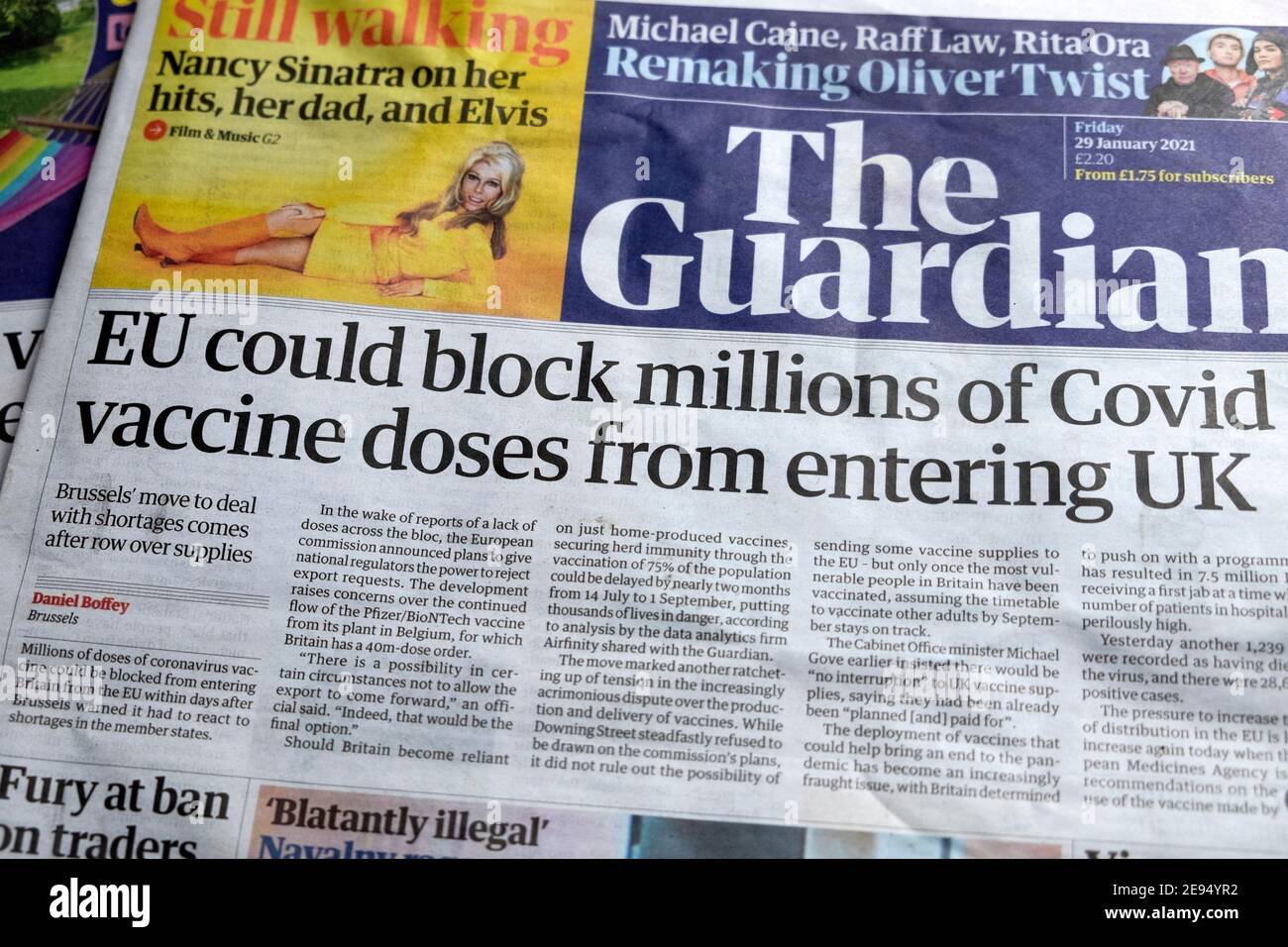 Eu Could Block Millions Of Covid Vaccine Doses From Entering Uk Guardian News Newspaper Headline Front Page 29 January 21 In London England Uk Stock Photo Alamy