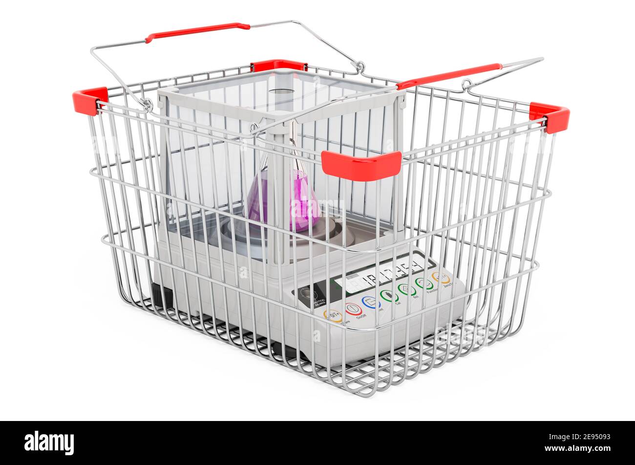 Shopping basket with analytical balance. 3D rendering isolated on white background Stock Photo