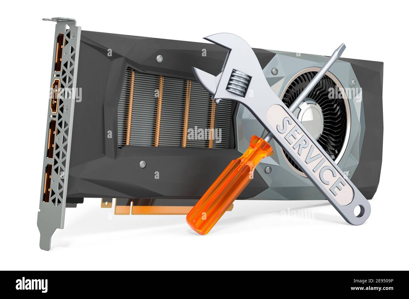 Service and repair of video card GPU, 3D rendering isolated on white