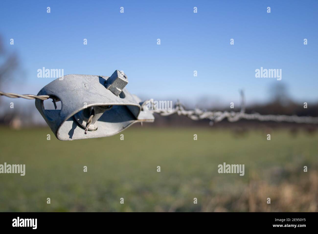 Tensioner for barbed wire at a meadow in winter Stock Photo