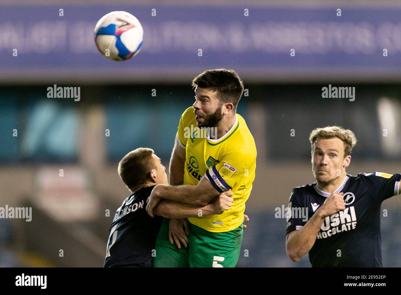 LONDON, ENGLAND. FEB 2ND: Grant Hanley of Norwich with a header during the Sky Bet Championship match between Millwall and Norwich City at The Den, London on Tuesday 2nd February 2021. (Credit: Juan Gasparini | MI News) Credit: MI News & Sport /Alamy Live News Stock Photo