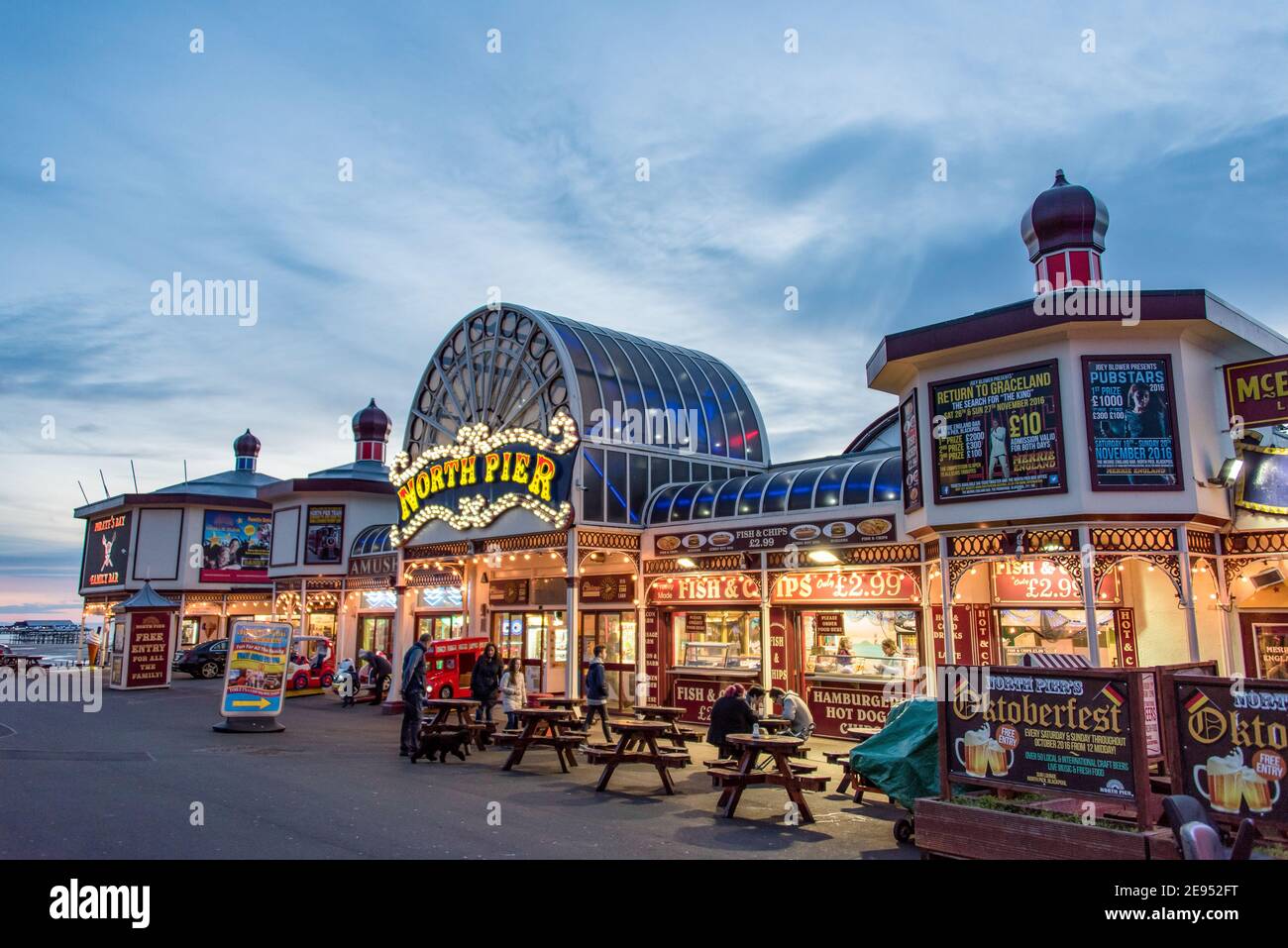 North Pier at Blackpool lit up at sunset Stock Photo