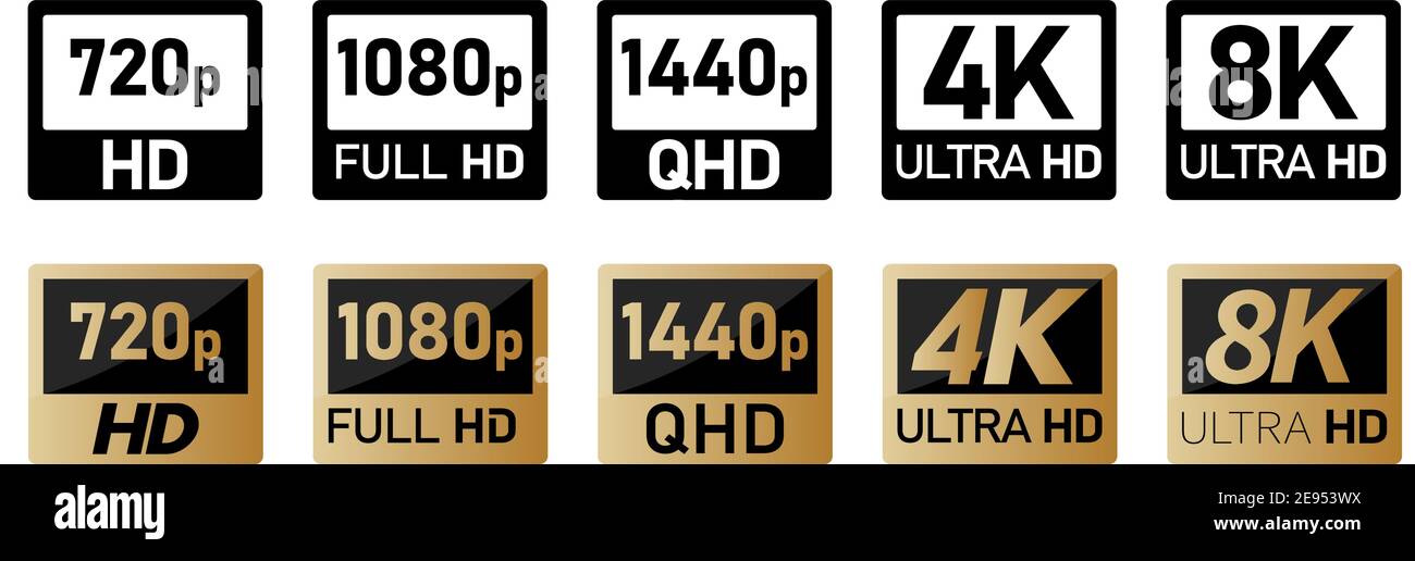 Video or tv screen resolution icons set. Black, white and golden version, size from 720p to 8k Stock Vector
