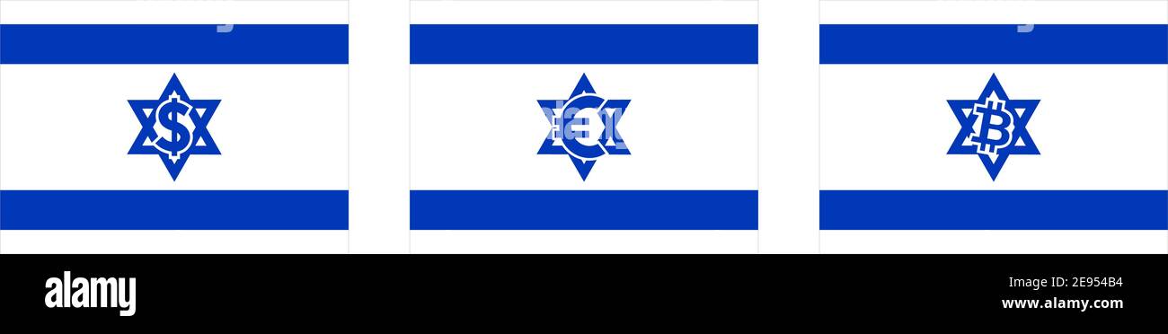 State of Israel flag with dollar, euro and bitcoin flag inside David star. Israeli trade to Europe, United States and cryptocurrency trading concept Stock Vector