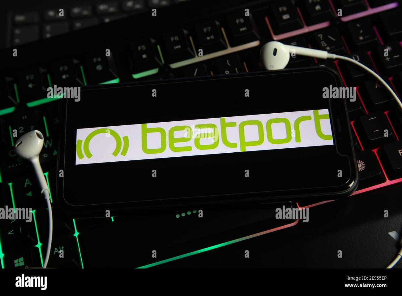 Viersen, Germany - January 9. 2021: Closeup of smartphone screen with logo lettering online electronic dance music streaming download service beatport Stock Photo