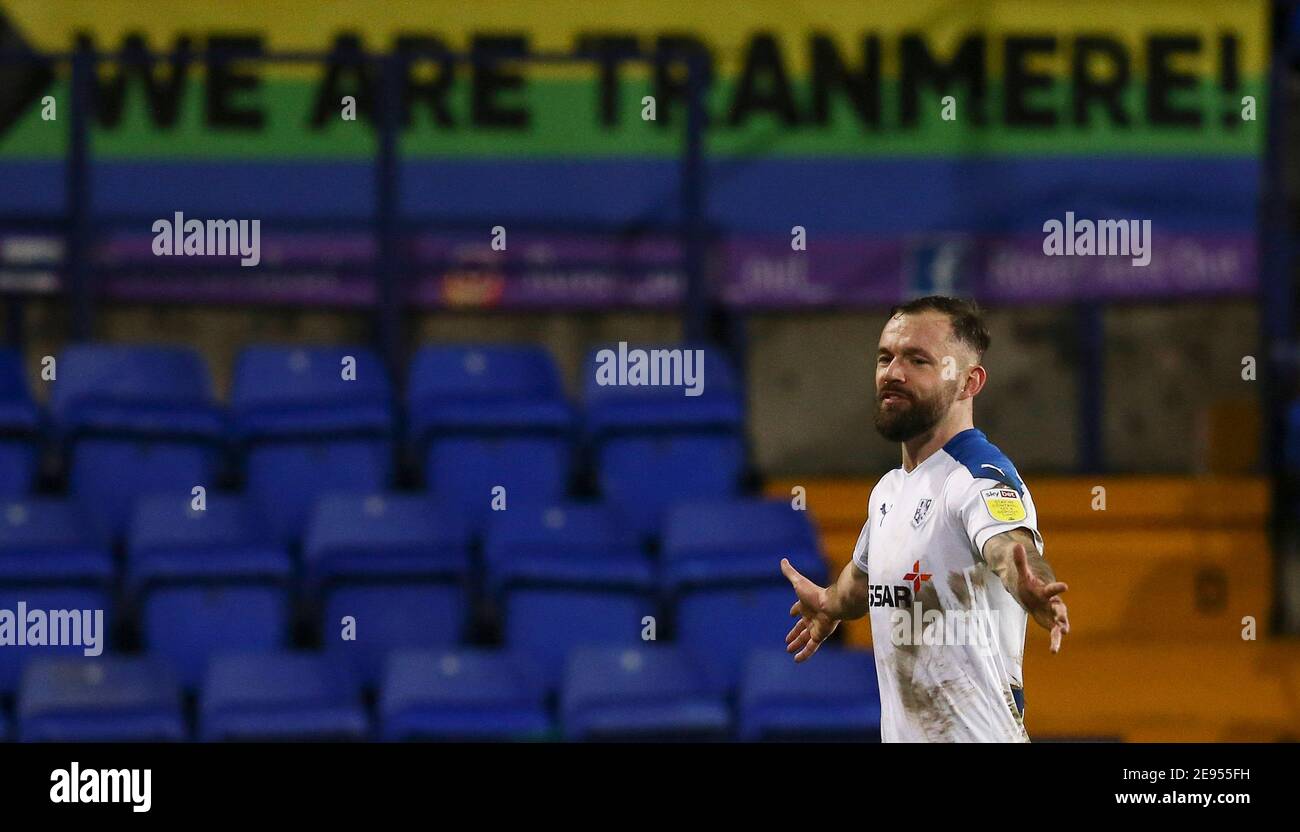 Birkenhead, UK. 02nd Feb, 2021. Danny Lloyd of Tranmere Rovers celebrates after scoring his teams 1st goal. Papa John's trophy, EFL trophy quarter-final match, Tranmere Rovers v Peterborough Utd at Prenton Park, Birkenhead, Wirral on Tuesday 2nd February 2021. this image may only be used for Editorial purposes. Editorial use only, license required for commercial use. No use in betting, games or a single club/league/player publications.pic by Chris Stading/Andrew Orchard sports photography/Alamy Live News Credit: Andrew Orchard sports photography/Alamy Live News Stock Photo