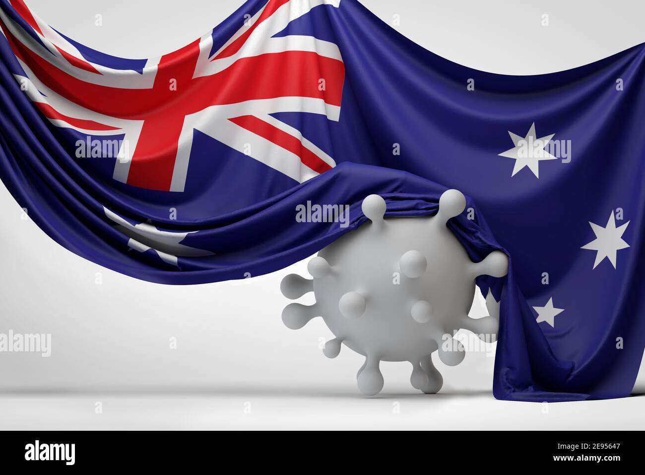 Australia flag draped over a Covid virus disease molecule. 3D Rendering Stock Photo