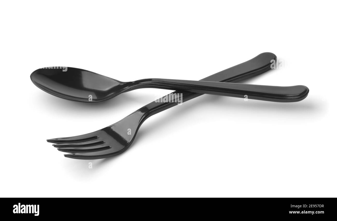 Black plastic spoon and fork isolated on white Stock Photo