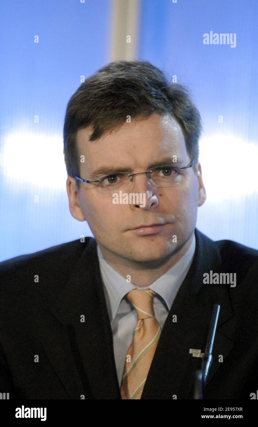 Karl Erik Kjelstad, President and CEO of Aker Yards listens to questions  during a press conference to announce the sale of Alstom Marine to Aker  Yards in Paris on January 4, 2006.