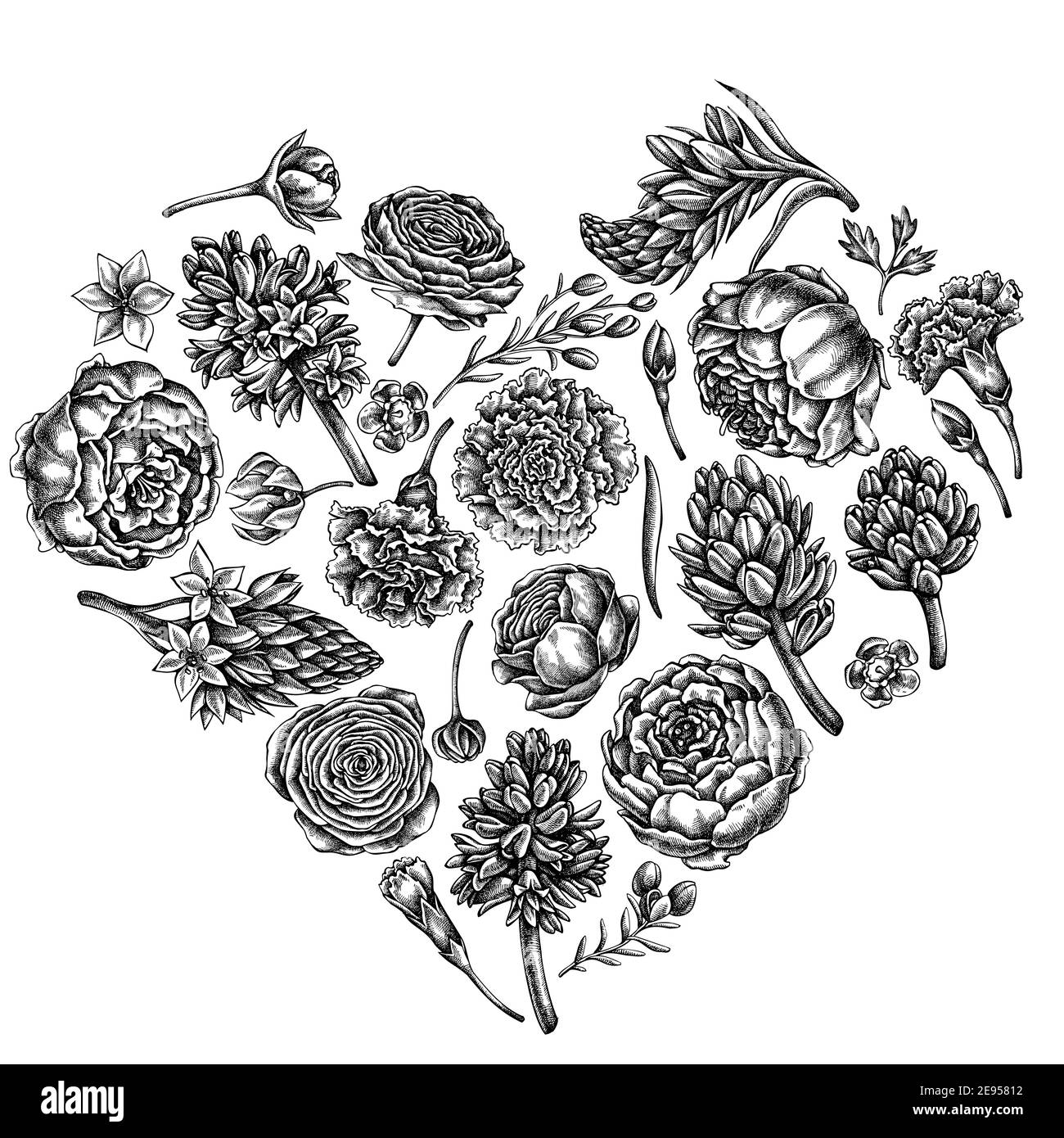 Heart floral design with black and white peony, carnation, ranunculus, wax flower, ornithogalum, hyacinth Stock Vector